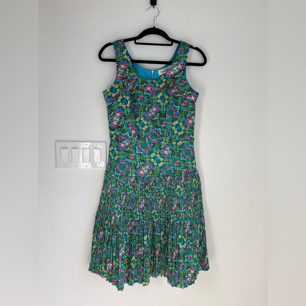 Anthropologie Louche Lavita Green Floral Pleated Dress Size 6 **missing belt